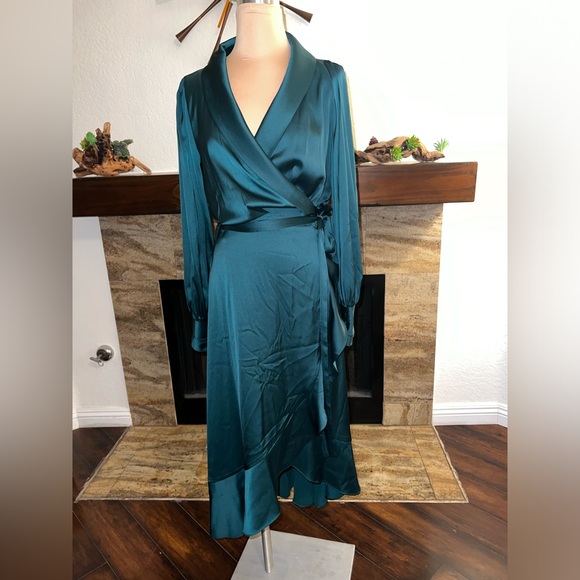 WHBM Long Sleeve Satin Ruffle Wrap Dress In Deep Mineral Green - Picture 5 of 6